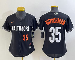 Women's Nike Baltimore Orioles #35 Adley Rutschman Black 2023 City Red 35 on front Authentic Stitched MLB Jersey