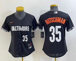 Women's Nike Baltimore Orioles #35 Adley Rutschman Black 2023 City White 35 on front Authentic Stitched MLB Jersey