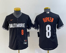 Women's Nike Baltimore Orioles #8 Cal Ripken Black 2023 City Red 8 on front Stitched MLB Jersey