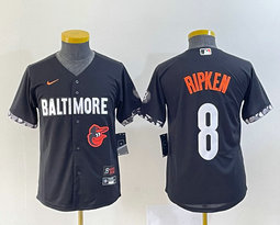 Women's Nike Baltimore Orioles #8 Cal Ripken Black 2023 City Team Logo on front Stitched MLB Jersey