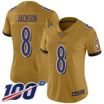 Women's Nike Baltimore Ravens #8 Lamar Jackson 100th Season Gold Inverted Legend Vapor Untouchable Authentic Stitched NFL jersey