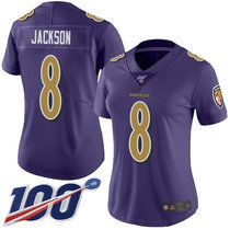 Women's Nike Baltimore Ravens #8 Lamar Jackson 100th Season Patch Purple Rush Authentic Stitched NFL Jersey