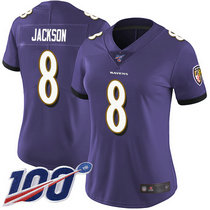 Women's Nike Baltimore Ravens #8 Lamar Jackson 100th Season Purple Vapor Untouchable Authentic stitched NFL jersey