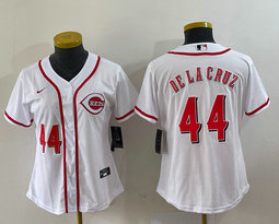 Women's Nike Cincinnati Reds #44 Elly De La Cruz White Red 44 in front Authentic Stitched MLB Jersey