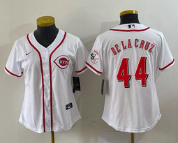 Women's Nike Cincinnati Reds #44 Elly De La Cruz White Red Arm with logo Authentic Stitched MLB Jersey