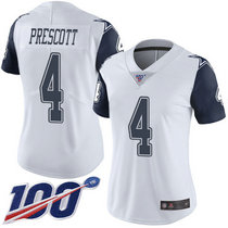 Women's Nike Dallas Cowboys #4 Dak Prescott 100th Season White Rush Authentic Stitched NFL Jerseys