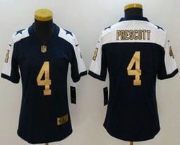 Women's Nike Dallas Cowboys #4 Dak Prescott Blue Thanksgiving Gold Rush Stitched NFL Jersey
