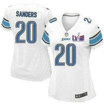 Women's Nike Detroit Lions #20 Barry Sanders White With 2024 Super Bowl (LVIII ) patch Jersey