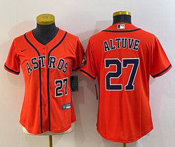 Women's Nike Houston Astros #27 Jose Altuve Orange #27 in front with patch Authentic Stitched MLB Jersey