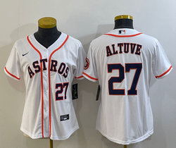 Women's Nike Houston Astros #27 Jose Altuve White #27 in front with patch Authentic Stitched MLB Jersey