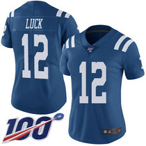 Women's Nike Indianapolis Colts #12 Andrew Luck With NFL 100th Season Patch Royal Blue Vapor Untouchable Authentic Stitched NFL Jersey