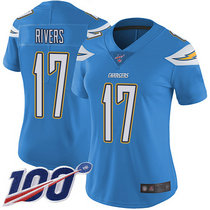 Women's Nike Los Angeles Chargers #17 Philip Rivers With NFL 100th Season Patch Electric blue Vapor Untouchable Authentic stitched NFL jersey