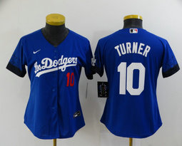 Women's Nike Los Angeles Dodgers #10 Justin Turner Blue 2021 City Number in front Game Authentic Stitched MLB Jersey