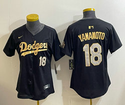 Women's Nike Los Angeles Dodgers #18 Yoshinobu Yamamoto Black Golden Character Stitched MLB Jersey