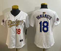 Women's Nike Los Angeles Dodgers #18 Yoshinobu Yamamoto White Golden Champion God Dodgers Front Jersey
