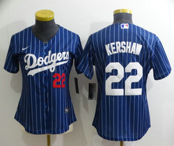Women's Nike Los Angeles Dodgers #22 Clayton Kershaw Blue White stripe Authentic Stitched MLB jersey