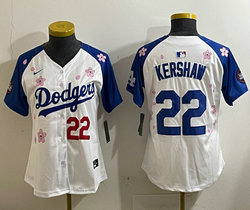 Women's Nike Los Angeles Dodgers #22 Clayton Kershaw White Blue arm 2025 Tokyo Series Jersey