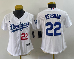 Women's Nike Los Angeles Dodgers #22 Clayton Kershaw White Red 22 in front Authentic Stitched MLB Jersey