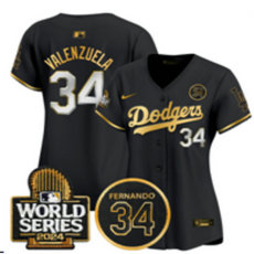 Women's Nike Los Angeles Dodgers #34 Fernando Valenzuela Black Gold with 34 patch 2024 World Series Jersey