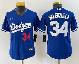Women's Nike Los Angeles Dodgers #34 Fernando Valenzuela Blue Red 34 in front Authentic Stitched MLB Jersey