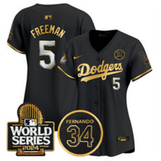 Women's Nike Los Angeles Dodgers #5 Freddie Freeman Black Gold with 34 patch 2024 World Series Jersey