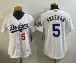 Women's Nike Los Angeles Dodgers #5 Freddie Freeman White Golden Champion Stitched MLB Jersey