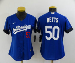 Women's Nike Los Angeles Dodgers #50 Mookie Betts Blue 2021 City Game Authentic Stitched MLB Jersey