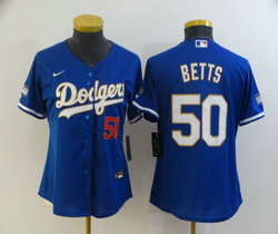 Women's Nike Los Angeles Dodgers #50 Mookie Betts Blue Gold Blue Number Champions Authentic Stitched MLB Jersey