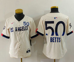Women's Nike Los Angeles Dodgers #50 Mookie Betts Cream 2024 City 50 Front The number is above the name Jersey