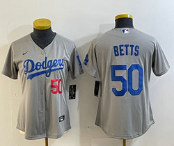 Women's Nike Los Angeles Dodgers #50 Mookie Betts Grey 50 on front Authentic Stitched MLB Jersey