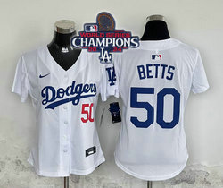 Women's Nike Los Angeles Dodgers #50 Mookie Betts White 2024 World Series Champions Authentic Stitched MLB Jersey