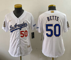 Women's Nike Los Angeles Dodgers #50 Mookie Betts White 2026 Gold Collection 9x & B2B Jersey