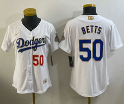 Women's Nike Los Angeles Dodgers #50 Mookie Betts White Golden Champion Stitched MLB Jersey