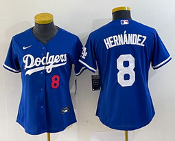 Women's Nike Los Angeles Dodgers #8 Enrique Hernandez Blue Red 8 in front Authentic Stitched MLB Jersey