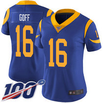 Women's Nike Los Angeles Rams #16 Jared Goff With NFL 100th Season Patch Royal Blue Vapor Untouchable Authentic Stitched NFL Jersey