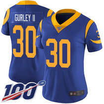 Women's Nike Los Angeles Rams #30 Todd Gurley II With NFL 100th Season Patch Royal Blue Vapor Untouchable Authentic Stitched NFL Jersey