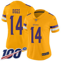 Women's Nike Minnesota Vikings #14 Stefon Diggs With NFL 100th Season Patch Gold Inverted Legend Vapor Untouchable Authentic Stitched NFL jersey