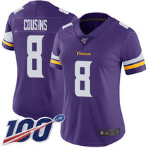 Women's Nike Minnesota Vikings #8 Kirk Cousins With NFL 100th Season Patch Purple Vapor Untouchable Limited Authentic Stitched NFL Jersey