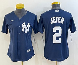 Women's Nike New York Yankees #2 Derek Jeter Blue Logo in front Authentic Stitched MLB Jersey