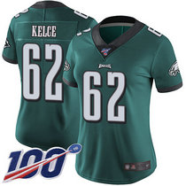Women's Nike Philadelphia Eagles #62 Jason Kelce 100th Season Green Vapor Untouchable Authentic Stitched NFL Jersey