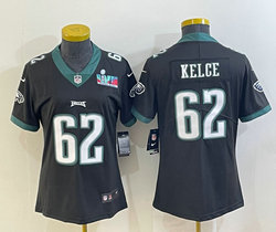 Women's Nike Philadelphia Eagles #62 Jason Kelce Black Super Bowl LVII Patch Authentic Stitched NFL Jersey