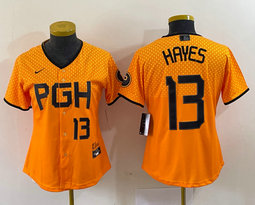 Women's Nike Pittsburgh Pirates #13 KeBryan Hayes Gold City Black 22 in front Authentic stitched MLB jersey