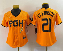 Women's Nike Pittsburgh Pirates #21 Roberto Clemente Gold City P in front Authentic stitched MLB jersey