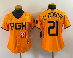 Women's Nike Pittsburgh Pirates #21 Roberto Clemente Gold City Red 22 in front Authentic stitched MLB jersey