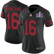 Women's Nike San Francisco 49ers #16 Joe Montana Black With 2024 Super Bowl (LVIII ) patch Jersey