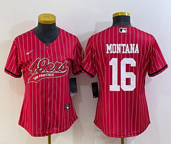 Women's Nike San Francisco 49ers #16 Joe Montana Red Stripe Joint Big Logo baseball jersey