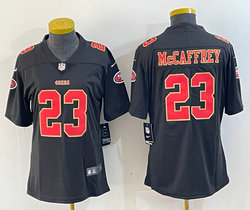 Women's Nike San Francisco 49ers #23 Christian McCaffrey Black fashion Gold Name Jersey