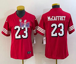 Women's Nike San Francisco 49ers #23 Christian McCaffrey Red 2023 F.U.S.E have the black outline With 2024 Super Bowl (LVIII ) patch Jersey