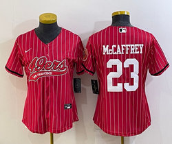 Women's Nike San Francisco 49ers #23 Christian McCaffrey Red Stripe Joint Big Logo baseball jersey