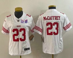 Women's Nike San Francisco 49ers #23 Christian McCaffrey White 2023 F.U.S.E With 2024 Super Bowl (LVIII ) patch Jersey